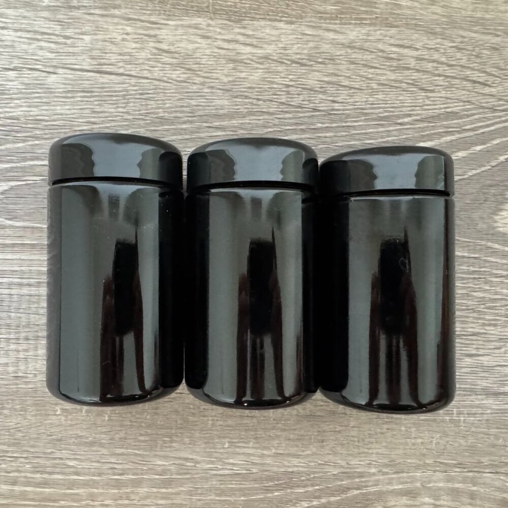 Set of 3 Black Glass Cylinder Jars with plastic lids
